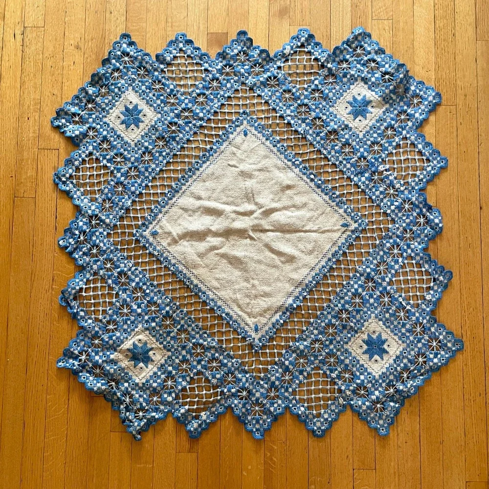 Antique Hand Embroidered Hardanger Lace Table Topper Doily Vintage Blue Natural